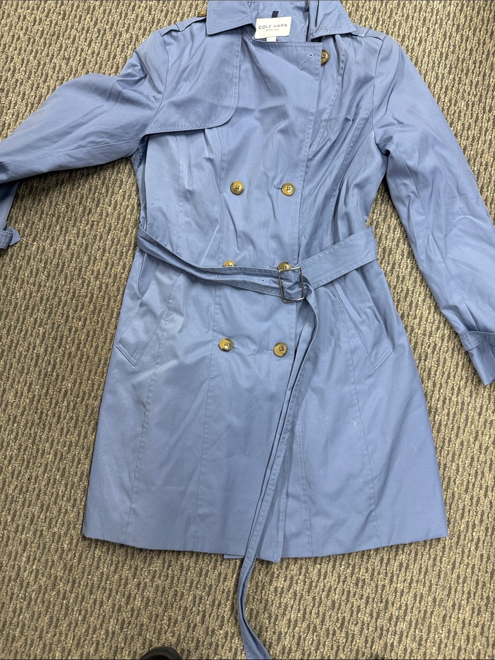 Cole Haan Light Blue Double-Breasted Trench Coat with Belt